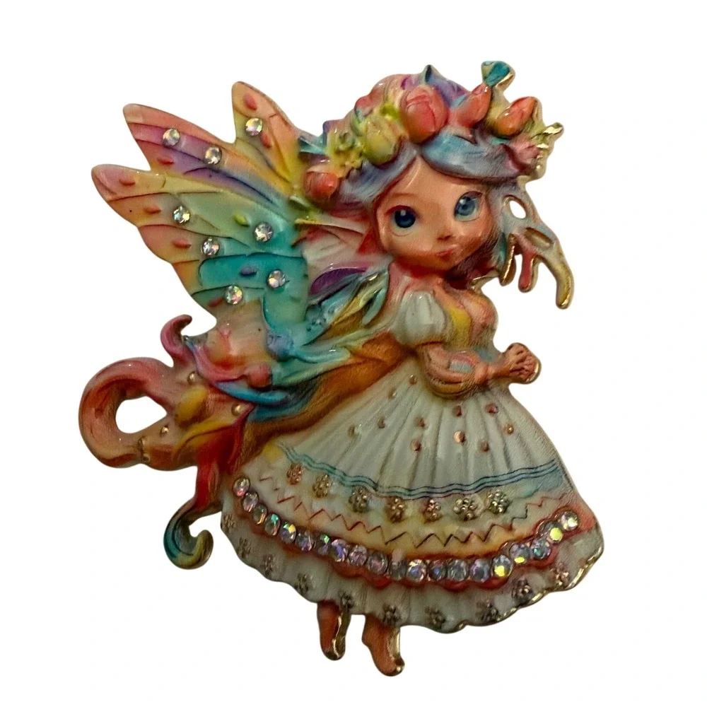 Whimsical Pastel Enamel Fairy Brooch Pin Gold Tone Rhinestone Cottagecore Pixie